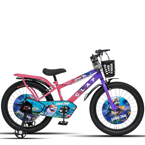 Image of Shark Tank 20T Kids Bicycle for Boys & Girls with Inbuilt Carrier, Front Basket, PU Soft Seat, Full Chain Cover & Stylish Wheelcards (Purple /Pink)