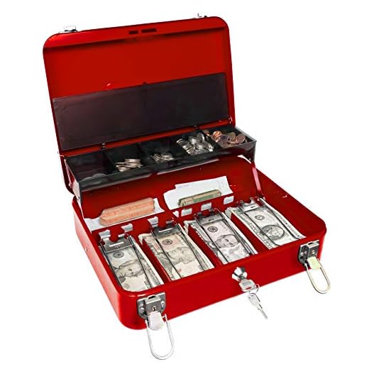 Certus Global Large Red Cash Box with Money Tray, Secure Lock, Cantilever Coin Tray 4 Bills/ 5 Coins (Cardinal Red)