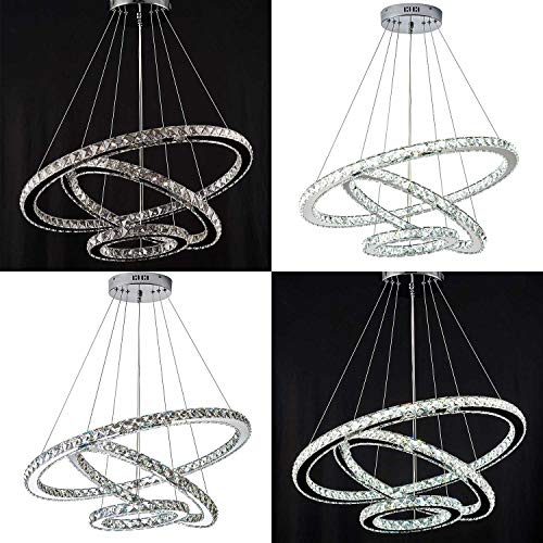Tefiohen Modern Crystal Chandeliers 3 Rings Adjustable Stainless Steel Led Round Pendant Light For Living Room Dining Room Bedroom Kitchen Closet (4000K) #TOP5