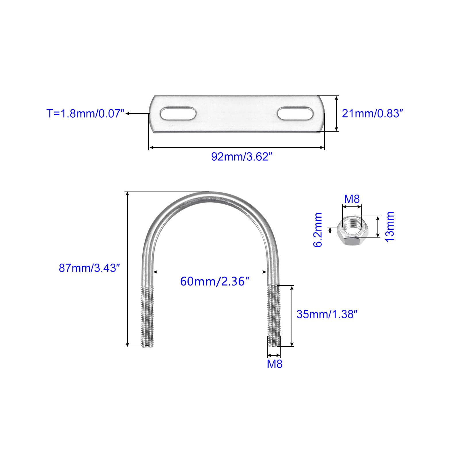 MACHSWON Round U-Bolt,3 Set 304 Stainless Steel M8 U Bolts 60mm(2.36") Inner Width 87mm Length with Nuts and Frame Plate for Automobiles Boat Trailer - Image 2