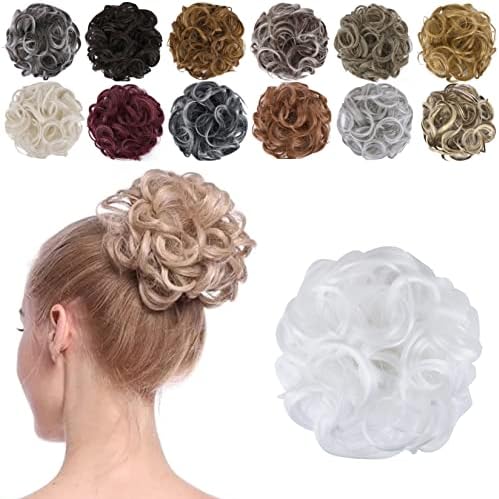 ELAINE Hair Buns Hair Piece Messy Tousled Wavy Curly Scrunchies Wrap Ponytail Extensions with Elastic Rubber Band Synthetic Donut Updo Hairpieces for Women Girls (White)