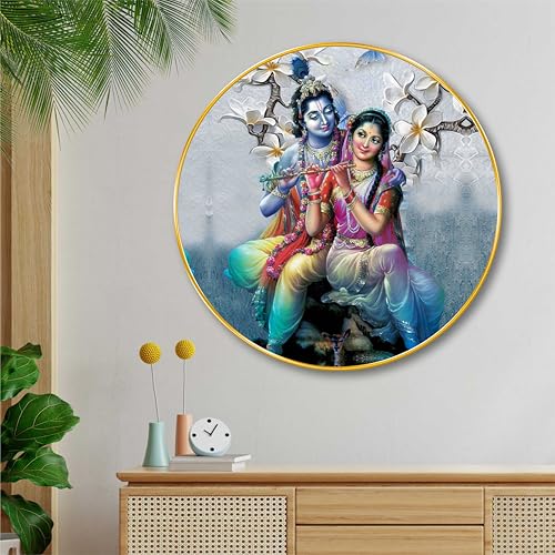 Image of Livin'luxe Radha Krishna Round Art Print with Golden Frame | Divine Hindu Religious Art for Home Temple Pooja Room Living Room Bedroom | Spiritual Wall Decor Gift (16 x 16 Inch) Art-GRM-249