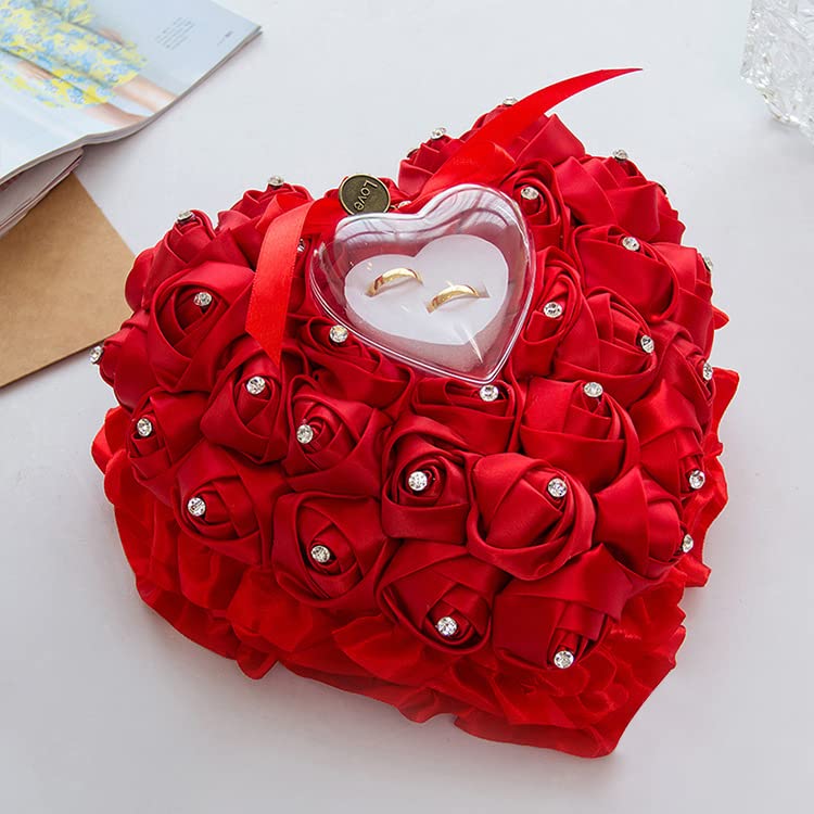 Katutude Elegant Rose Flowers Heart Shape Wedding Ring Pillow, Romantic Flower Ring Cushion with Ring Box for Wedding Ceremony Jewelry Holder, 9x9 Inches