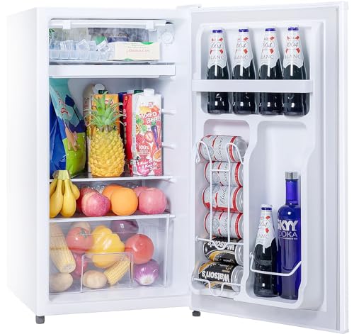 Small Refrigerator with Freezer, 3.2 Cu.Ft, Mini Fridge with Freezer, 7 Settings Temperature Adjustable, Single Door, Compact Refrigerator for Bedroom, Office, Dorm, Black