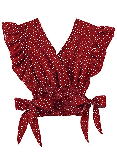 LYANER Women's V Neck Ruffle Cap Sleeve Side Bow Knot Shirred Hem Blouse Crop Tank Top