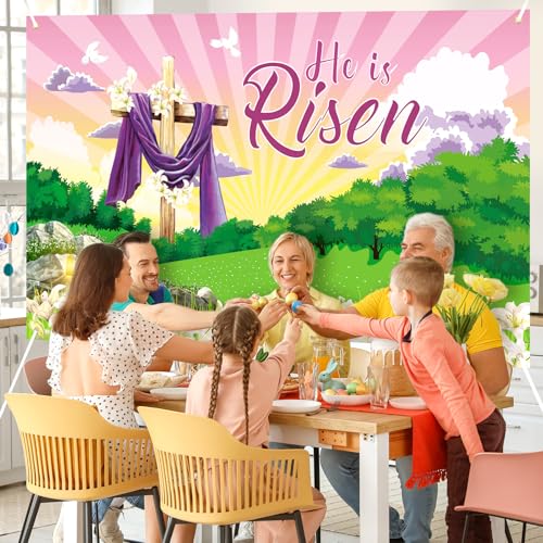 Image of Large He is Risen Easter Banner Decorations Flag Outdoor 72x44 Inch, Cross Sign Christian Jesus Lily Flowers Banner for Indoor Home House Decor Party Supplies, Spring Yard Sign Background for Photography