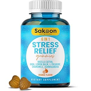 6-in-1 Stress Relief Gummies 60ct – Aids Relaxation with Ashwagandha, GABA, L-theanine, Lemon Balm, Chamomile, Black Cumin Seed Nigella Sativa. Improved Deep Sleep, Joint Support – 60 gummies