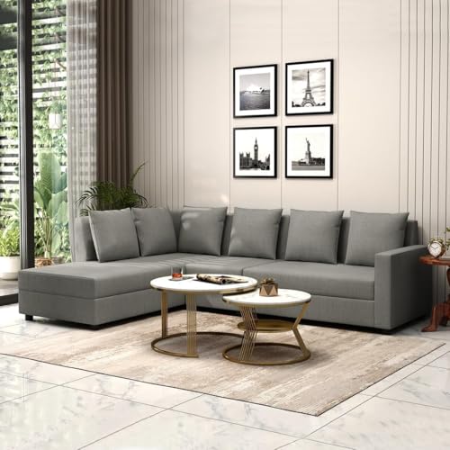 Image of FURNY Gloria 6 Seater LHS L Shape Sectional Sofa Set (Grey-Color) with Velvet Fabric