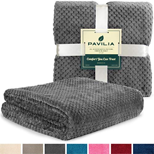 PAVILIA Premium Flannel Fleece Bed Throw Blanket for Sofa Couch | Charcoal Dark