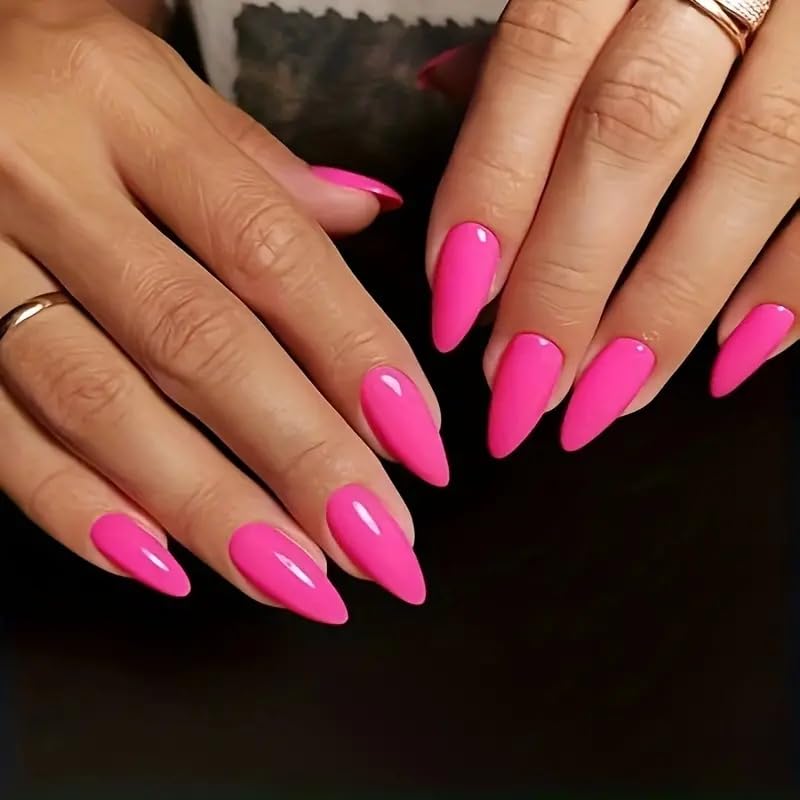 Wooyas Press on Nails Almond, Hot Pink Medium Handmade Gel Fake Nails Reusable ，Lightweight Natural Glossy Fake Nail in 12 Sizes - 24 Pcs Soft Gel