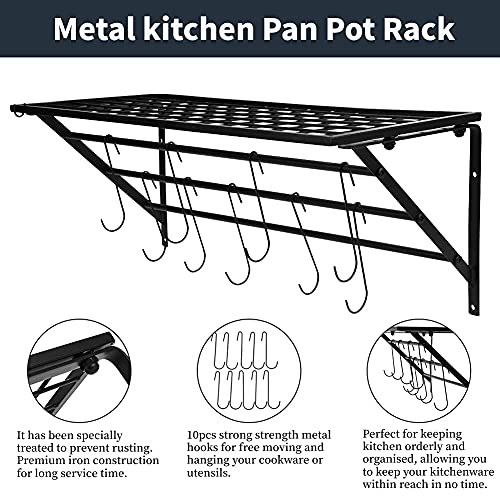 Wandmontage Metalen Hangrek Keukenopslag, Zwart Metalen Hangende Pan Pottenrek Wandmontage met 10 Haken voor Keuken - Image 5