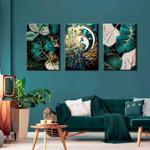 VVL 3pcs Emerald Green And Gold Wall Art Modern Abstract Gorgeous Peacock Canvas Paintings Prints Wall Decor for Living Room Bedroom Office Home Decoration