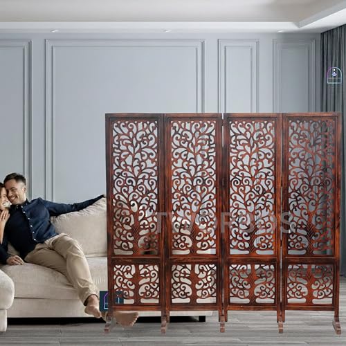 Image of Wooden Room Partition /Screen /Room Divider /Room Separator Traditional Handicrafts 6Ft (Dark Brown) (Tree 4 Panel with Stands)