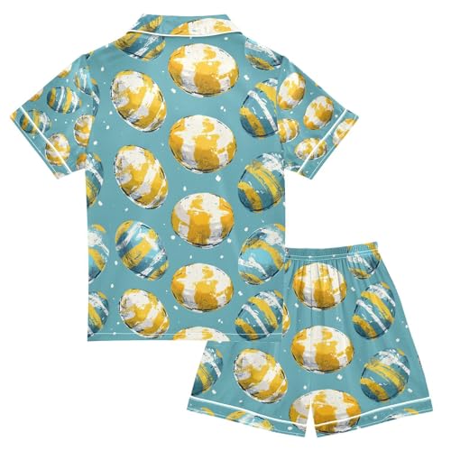 senya Watercolor Yellow Egg Painting Satin Summer Pajama Sets Silk Short Sleeve Button Down Sleepwear2