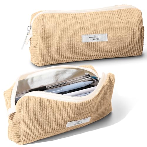 Purbert Pencil Bag Pen Case, Soft Corduroy Small Pencil Pouch Organizer with Zipper, Cute Pencil Case Pouch Stationery for Girls and Boys – Apricot