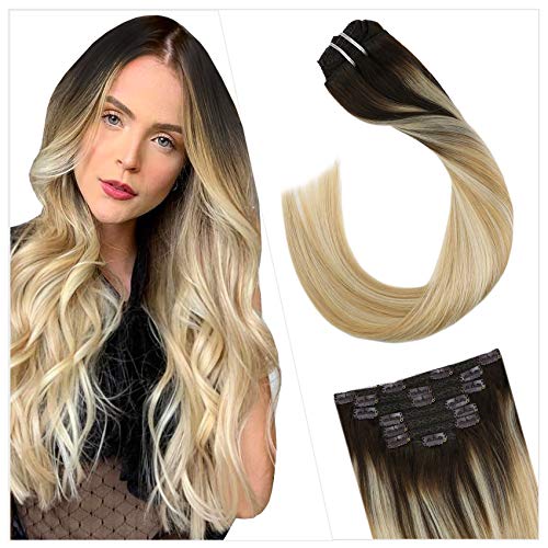 Ugeat 18Inch Blonde Bayalage Clip in Hair Extensions #3/27/60 Clip in Remy Human Hair Extensions 100Gram Remy Human Hair Clip in Extensions For Woman 7PCS