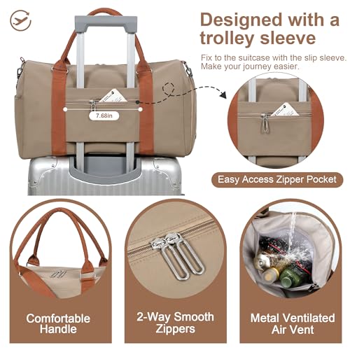 FIORETTO Womens Gym Tote Duffle Weekender Bag with Wet Pocket & Shoe Compartment, Ideal for Travel, Swimming, Dance, Khaki4
