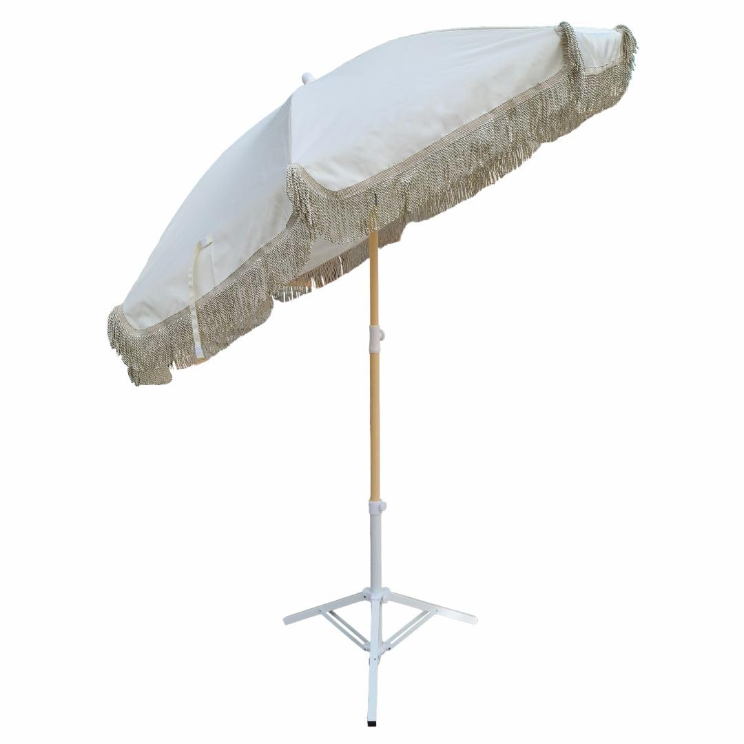 7 star DECOR Beach Umbrella with Fringe, Multi Color Striped, 6 ft Canopy, UV Protection, Wind Vent, Tiltable, Adjustable Stand (White) 1