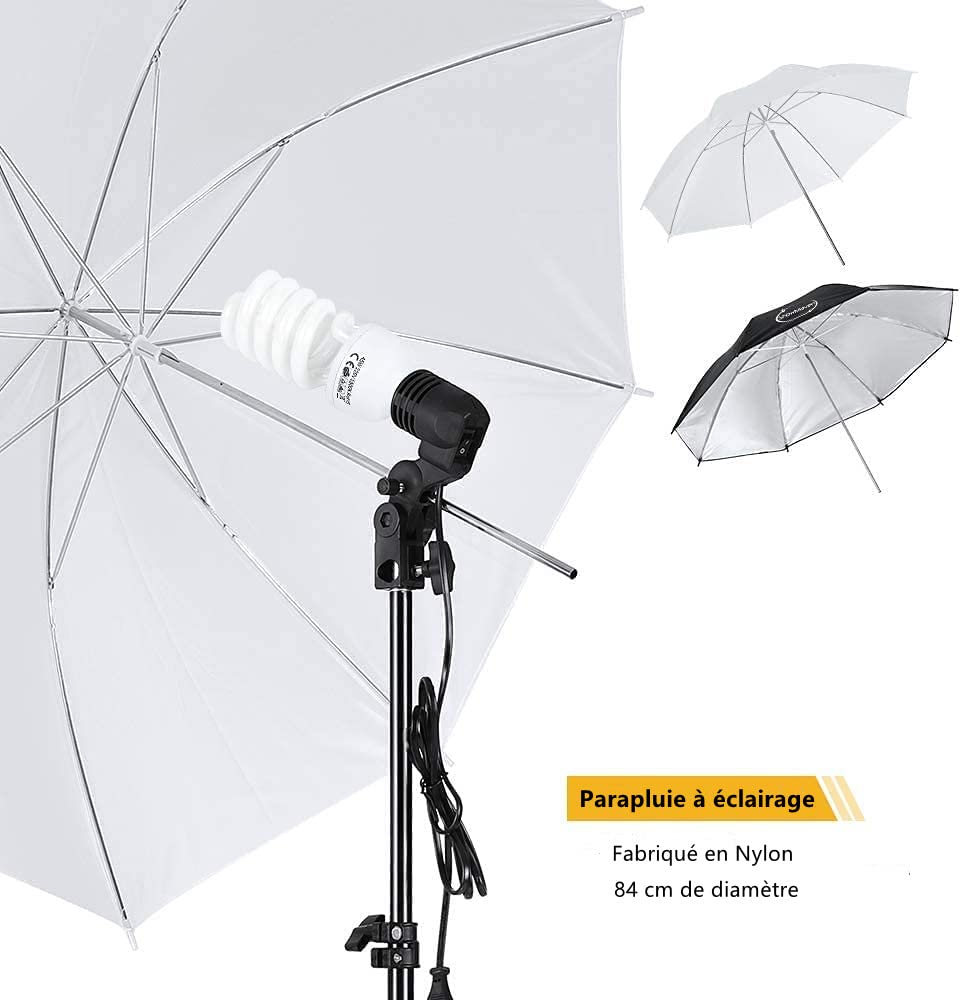 ShowMaven Kit d'éclairage Studio Photo, Kit Studio Photo avec 2 x 3 m Support de Fond Photo, 3 x Toile de Fond, 2 x 135 W Ampoules et Parapluies à Éclairage Doux pour Portraits Photographie Vidéo