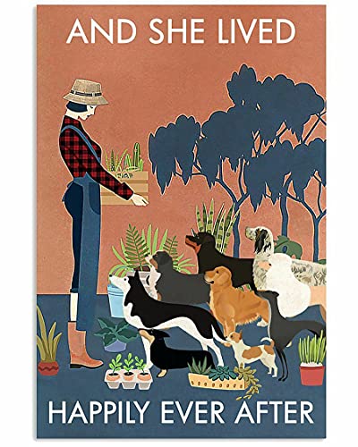 Cartel de jardinería vintage y ella vivió felizmente perros cartel de metal regalo de cumpleaños 8 x 12 pulgadas