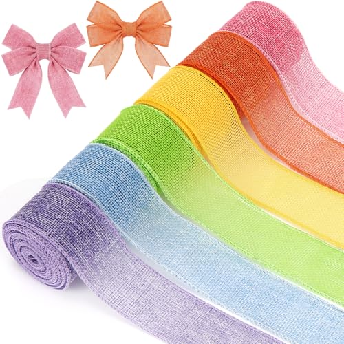 Yuefunny 6 Rolls Colorful Wired Burlap Ribbon, Easter Color, 1.5 Inch