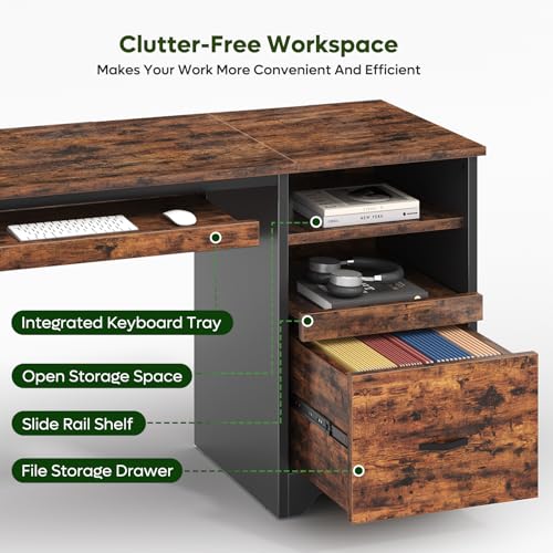 Image of Bestier 47 inch Computer Desk with Drawers, Home Office Desk with Keyboard Tray, Reversible Industrial Office Desk with Storage Cabinet for Small Space Home Office & Studio, Rustic Brown | Storage Drawer, File Drawer Letter /Legal, Keyboard Tray, Cable Management, Reversible, 150 Lbs, P2 Board