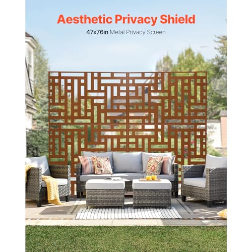 VEVOR Metal Privacy Screen, 47" W x 76" H, Outdoor Privacy Screens 3-Panel, Freestanding Outdoor Divider with Stand, Decorative Garden Steel Privacy Fence for Balcony Patio Indoor Room Hot Tub Brown by VEVOR - Image 2