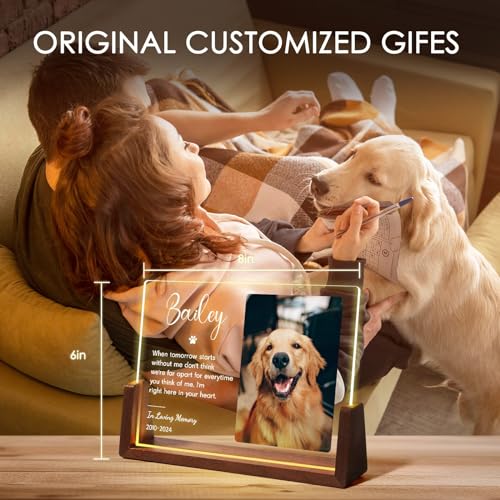 Jodimitty Personalisiert Haustier Gedenktafel aus Acryl, optionales LED-Licht und Holzsockel, mit Foto und Text, Gedenkgeschenke Bilderrahmen Andenken an verstorbenen Hund Katze (Stil C)