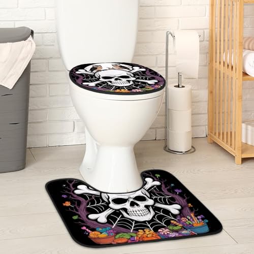 2 Pieces Flannel Toilet Contour Mat and Toilet Lid Cover, Soft Toilet Lid Cover Set Machine Washable Non Slip Contour Mat for Bathroom Decor Accessories