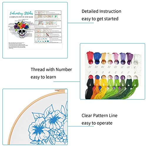 Image of Nuberlic 3 Pack Halloween Skull Embroidery Kit for Adults Beginner Cross Stitch Kits for Starters with Skull Patterns Include 3 Hoop Cloth Thread Needles and Instructions