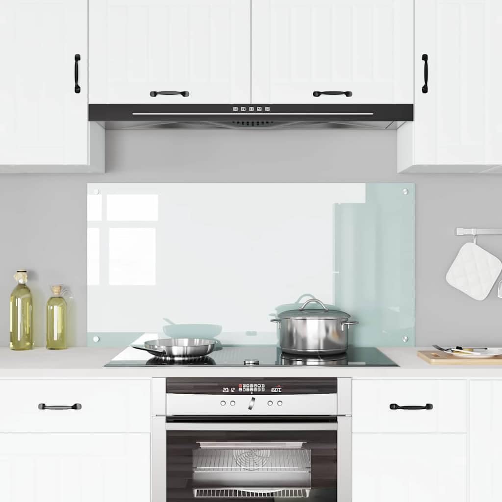 Küchenrückwand Weiß Gehärtetes Glas 120 x 60 cm mit 4 vorgebohrten Löchern hitzebeständig und pflegeleicht für Moderne Küchenlandschaften als praktisches Küchenzubehör für Kochen und backen
