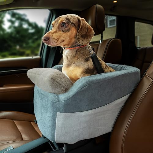 Center Console Dog Car Seat | 14 lbs MAX | Safety Straps & Leash | Comfortable Foam and Plush Pillows | Adjustable Mount Design | Large Storage Pockets | Perfect for Small Pets & Cats (Grey)