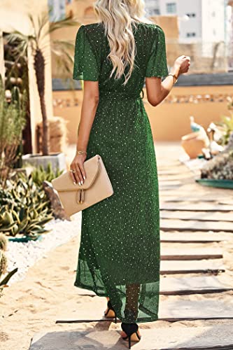 Prettygarden Women's Summer Maxi Glitter Dress Wrap V Neck Ruffle Sleeve Cocktail Party Long Dresses With Slit (Green,Large) #TOP3