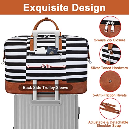 Image of Tibes Travel Weekender Bag for Women, Polyester Overnight Bag with Shoe Compartment Oversized Travel Duffel Bag Carry On Tote 21 inch, L-Black & White Strips, Large, Weekender Bag