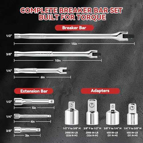 Image of KOOPOOL 10 Piece Breaker Bar Set, 3 /8 inch, 1 /2 inch and 1 /4 inch Drive, 180 Rotatable Head, 6'', 10'', 15'' Length, 3 Extension Bars, Organizer Case