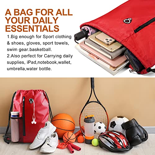 Image of BeeGreen Red Lightweight Drawstring Backpack For Women W Water Bottle Pocket &Front Zippered Pocket Large Sports String Sackpack For Traveling Yoga Beach Outdoor Gym