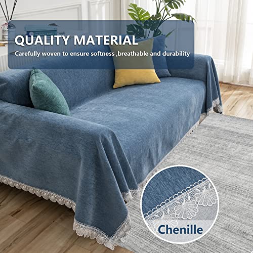 Mysky Home Sectional Sofa Covers Blue Couch Covers For 3 Cushion Couch Sofa Chenille Couch Cover Living Room Multi-Use L Shaped Sofa Slipcovers For Dogs Cats Kids Lace Edge 71" X 134" #TOP2