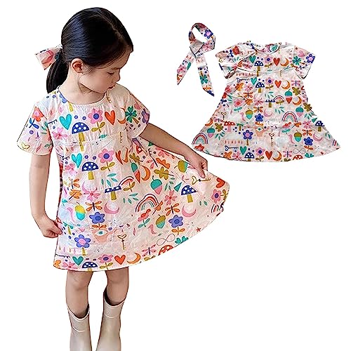 Toddler Girls Print Cartoon Rainbow Dress Trim Round Neck Dress Summer Dress Girls Size 82