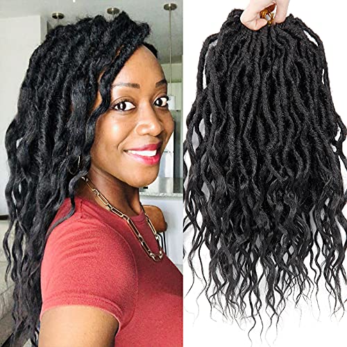 24inch Faux Locs Crochet hair Ombre Wavy Goddess Locs Crochet Braids Curly Ends Dreadlocks Synthetic Braiding Hair Extensions (14inch, #1B)