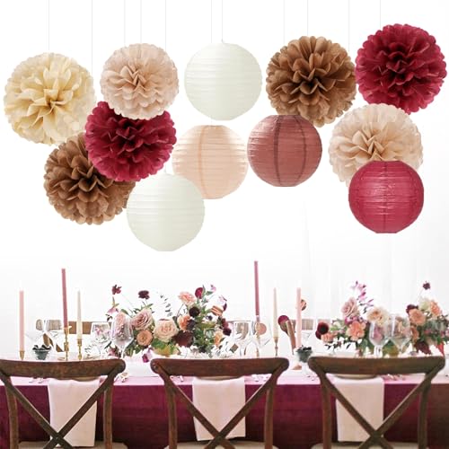 Image of Burgundy-Brown Champagne Party-Decorations Paper-Flowers Lanterns - 15PCS Fall Boho Tissue Pom Poms Streamers,Autumn Rustic Baby Shower Neutral Wedding Birthday Decor Hugfond