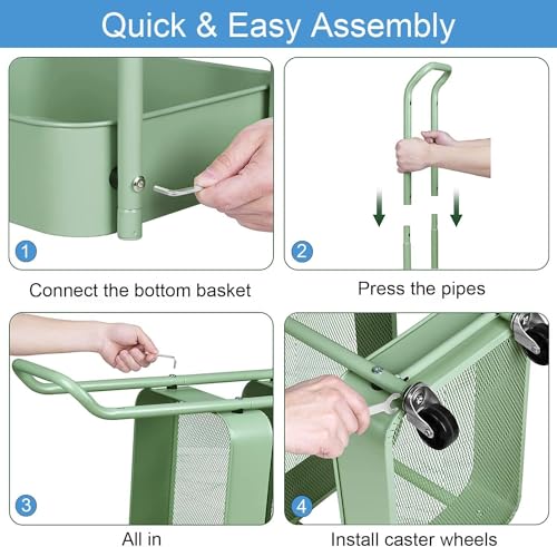 MISSLO Storage Trolley 3 Tier Rolling Cart with Wheels and Handle, Under Desk 27" Height Small Metal Utility Cart Organizer Rack Shelf, Mobile Book Cart for Office, Kitchen, Bathroom (Green) - Image 8