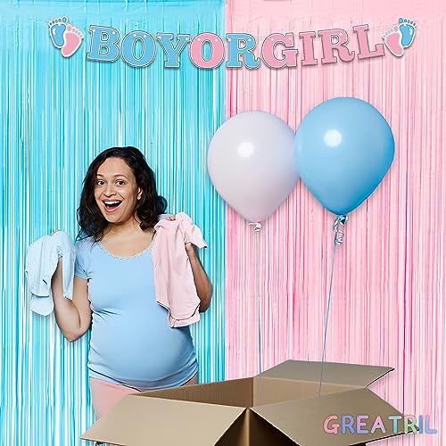 Image of Pink and Blue Party Photo Backdrop - GREATRIL Foil Fringe Tinsel Streamers for Gender Reveal /Pastel /Easter /Birthdays Party Decorations - 3.2ft X 8.2ft - 2 Packs