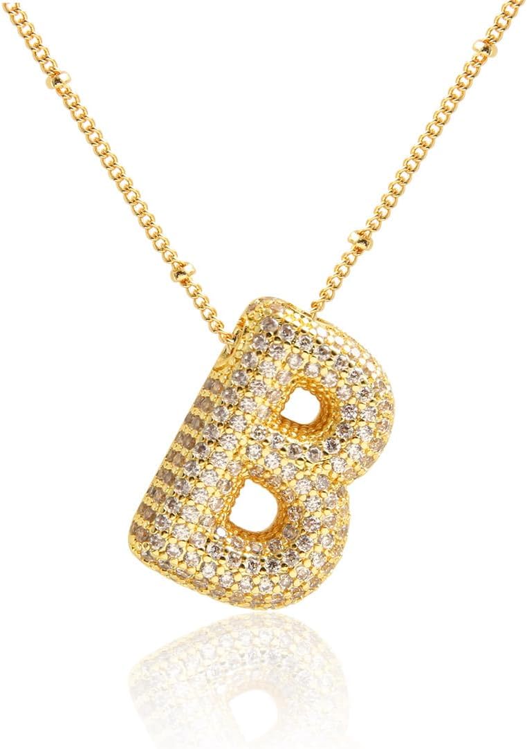 18k Gold Plated Dainty Cubic Zirconia Bubble Alphabet 26 A-Z Letter Necklace, Personalized Name Necklace,Balloon Initial Necklace for Women Female