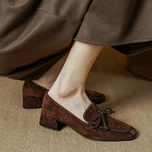 MOOMMO Women Chunky Low Heel Loafers Bow Suede Slip On Closed Square Toe Loafer Shoes Oxfords Comfy 1 Inch Block Heels Dress Shoes Pumps Office Work Pumps Vintage Retro Comfy Dark Brown 7 M US2