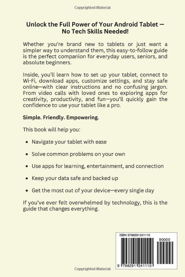 Back cover of the Android Tablet User Guide book, showing a summary of benefits and an ISBN barcode.