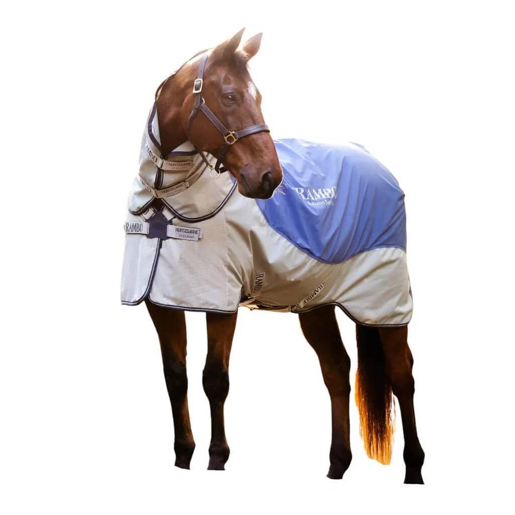 Horseware Rambo Herbst-Serie Weidedecke (0 g Lite, 100 g Konturschnitt, Kapuze), Größe:84, Farbe:Marineblau/Grau