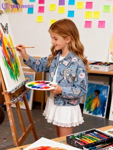 Image of WELAKEN Print Denim Jacket for Girls & Kids II Little Girl's Button Down Crop Jean Jacket Coat