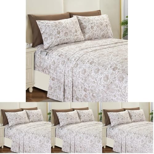 Image of Elegant Comfort Softest and Coziest 6-Piece Sheet Set - 1500 Premium Hotel Quality Microfiber - Deep Pocket, Wrinkle Resistant 6-Piece Paisley Pattern Bed Sheet Set, King, Paisley Taupe (Pack of 4)