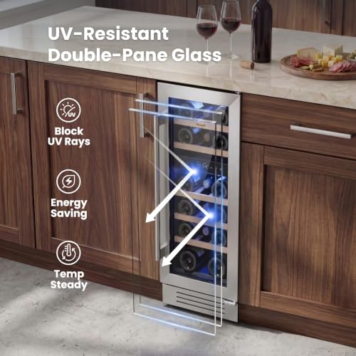 Image of Yeego Wine Fridge Cooler - 12 Inch Wine Fridge Hold 17 Bottles, 40-65F Dual Zone Wine Refrigerator Glass Door, Built in, Freestanding or Under Counter Fridge for Home Bar Office