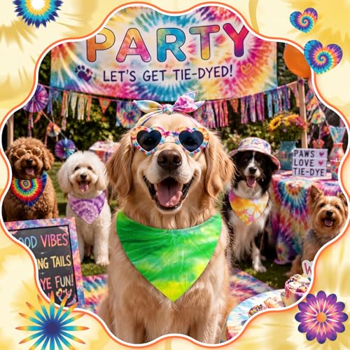 Image of Abbylike 50 Pieces Tie Dye Dog Bandanas Bulk Colorful Hippie Pattern Dog Bandanas for Dogs Triangle Kerchief Scarf Bibs Set for Pets Summer Party Costume Accessories, 25 Styles (25.6 x 17.7 x 17.7)